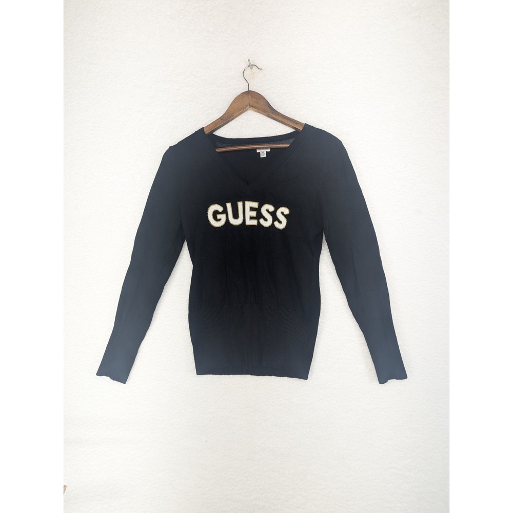 Guess‎ Womens Jumper Black Gold Tight-knit Logo Ribbed Hem V Neck M